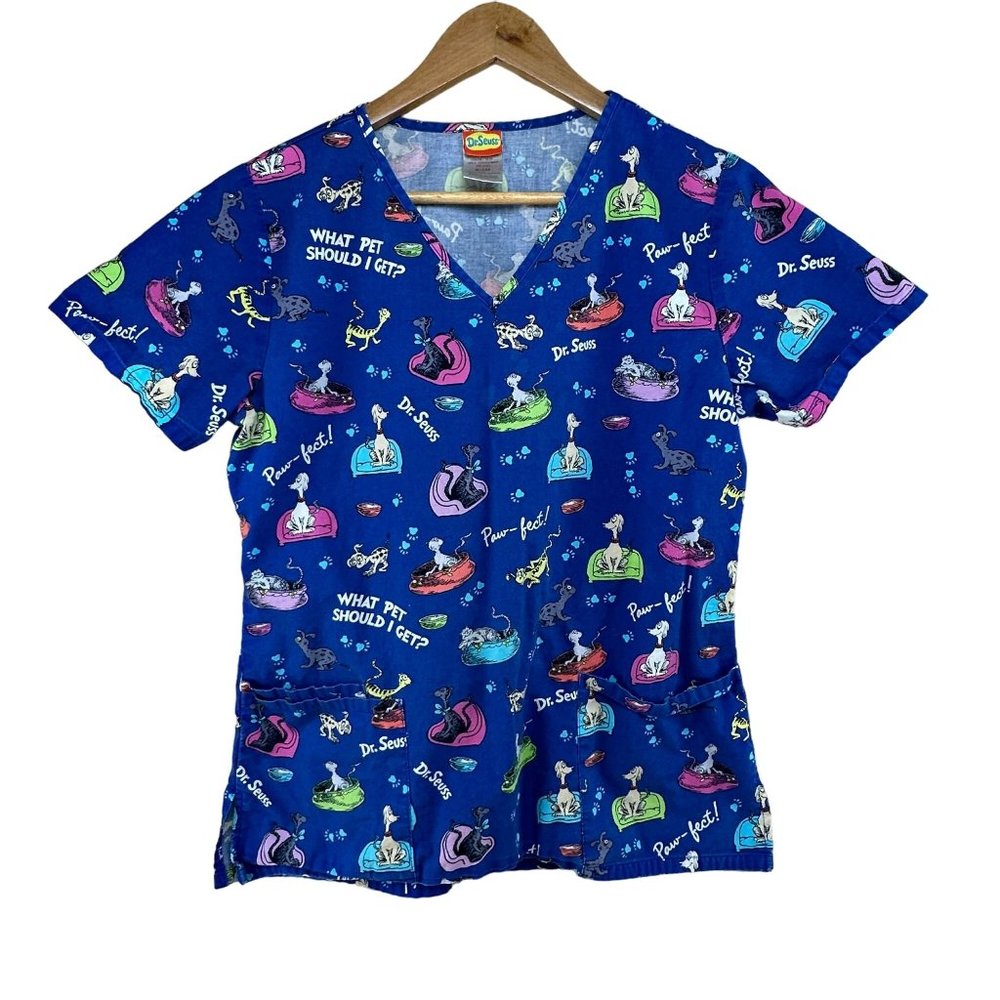 Dr. Seuss Scrubs Scrub Top Cartoon What Pet Should I Get ? Dog Vet S Small Blue